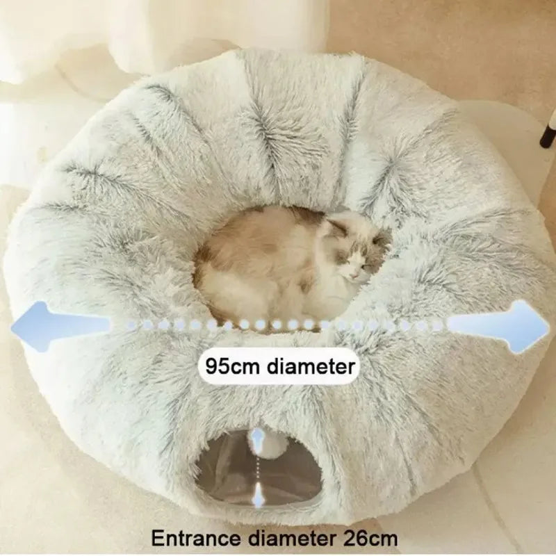Fluffy Donut Cat Bed with Tunnel