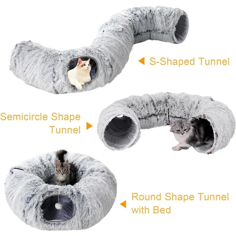 Fluffy Donut Cat Bed with Tunnel