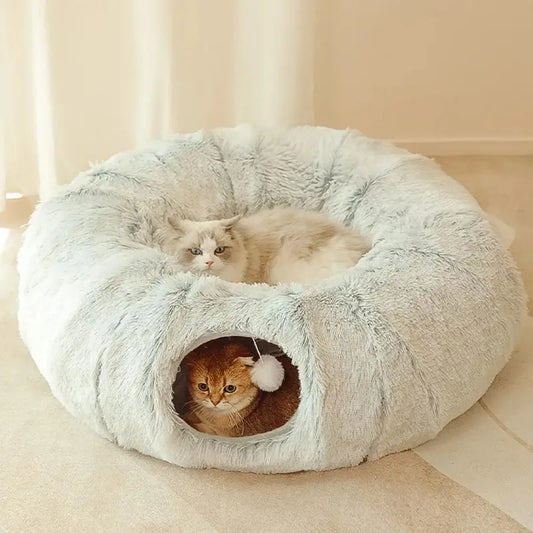 Fluffy Donut Cat Bed with Tunnel